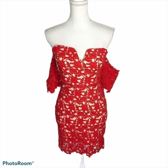 JOA Off the Shoulder Red Lace Mini Dress NWT XS - Picture 1 of 9